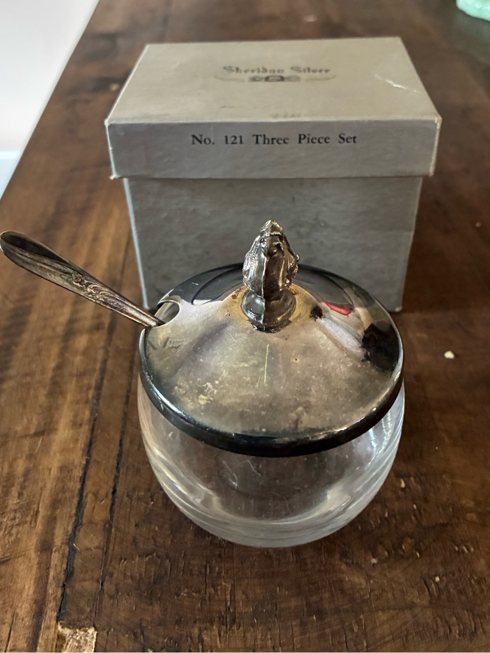 Silver-Tone Lidded Glass Sugar Jar with Spoon - Silver